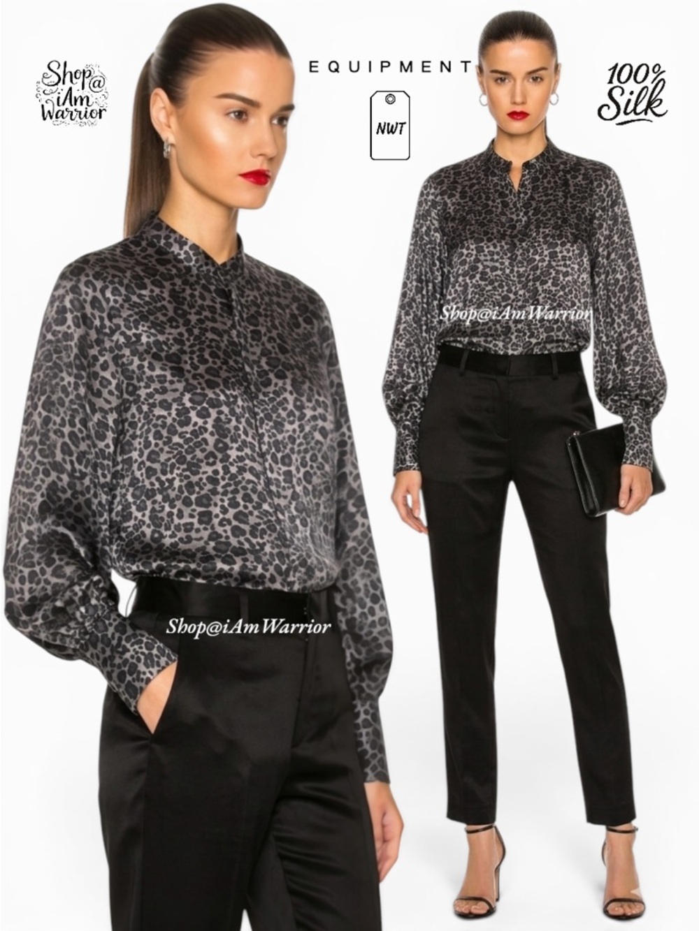 Equipment NWT gray & black silk leopard mandarin collar blouse *shop@iamwarrior